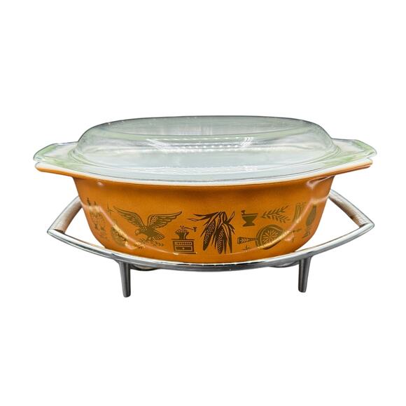 VTG Pyrex Early American Oval Casserole Baking Dish with Lid 1.5Qt 043 & trivet - Picture 1 of 7